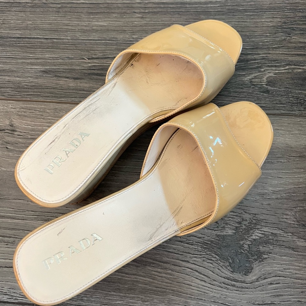 Prada Tan Patent Leather Wedges